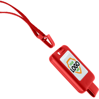 Red USB flash drive with a customizable lanyard attachment, displaying a sticker labeled "YOUR LOGO". This Customizable SlimReel Breakaway Lanyard ID Holder Badge Reel Combo (2138-800X) makes it easy to access and personalize for any need.