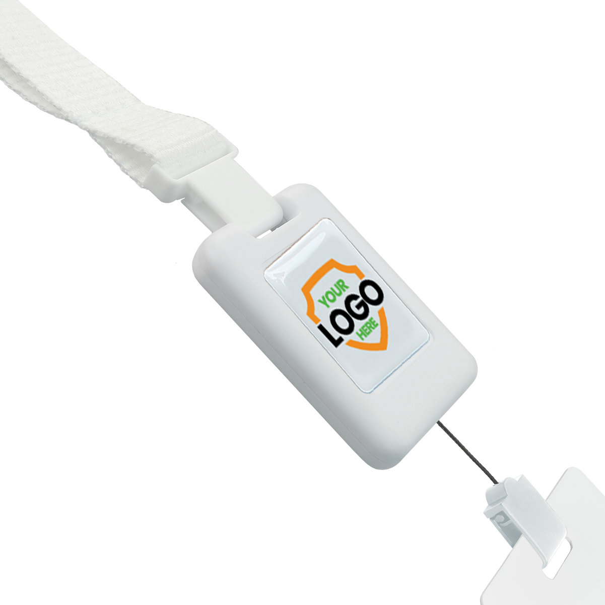 A customizable lanyard in white, featuring a rectangular clasp with a designated area for your company logo. This versatile **Customizable SlimReel Breakaway Lanyard ID Holder Badge Reel Combo (2138-800X)** also includes an ID badge reel combo and a secure badge clip at the end.
