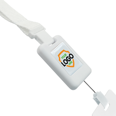 A customizable lanyard in white, featuring a rectangular clasp with a designated area for your company logo. This versatile **Customizable SlimReel Breakaway Lanyard ID Holder Badge Reel Combo (2138-800X)** also includes an ID badge reel combo and a secure badge clip at the end.
