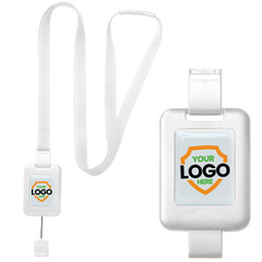 A white retractable badge holder with a customizable lanyard featuring an area for a company logo or text, depicted with the placeholder text "YOUR LOGO HERE" inside a shield graphic. This Customizable SlimReel Breakaway Lanyard ID Holder Badge Reel Combo (2138-800X) is perfect for displaying your brand.