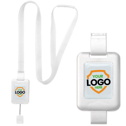 A white retractable badge holder with a customizable lanyard featuring an area for a company logo or text, depicted with the placeholder text "YOUR LOGO HERE" inside a shield graphic. This Customizable SlimReel Breakaway Lanyard ID Holder Badge Reel Combo (2138-800X) is perfect for displaying your brand.