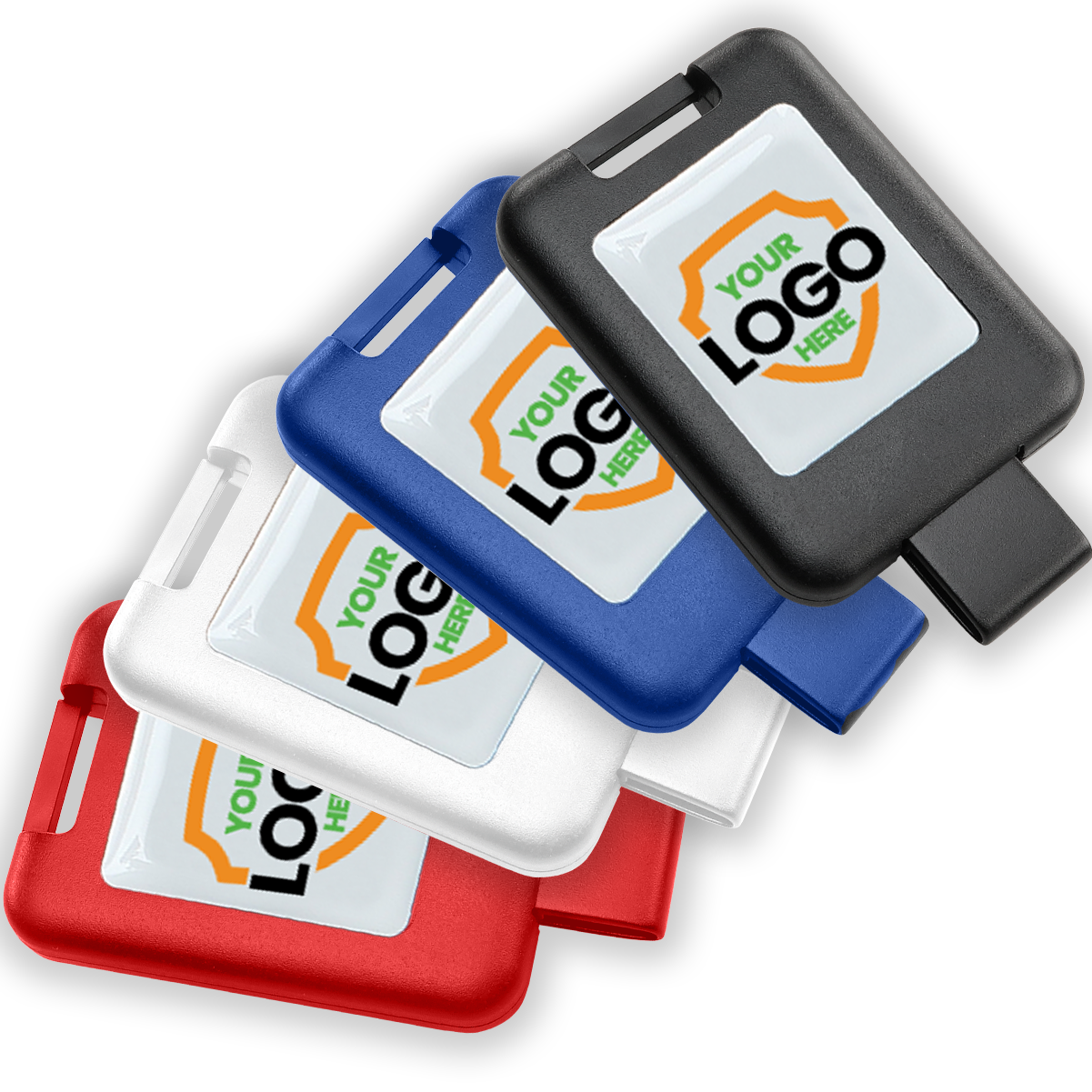Four square-shaped keychains in black, blue, white, and red, each with a transparent pocket showcasing a sample company logo insert reading "YOUR LOGO HERE," make for an ideal Customizable SlimReel Breakaway Lanyard ID Holder Badge Reel Combo (2138-800X).