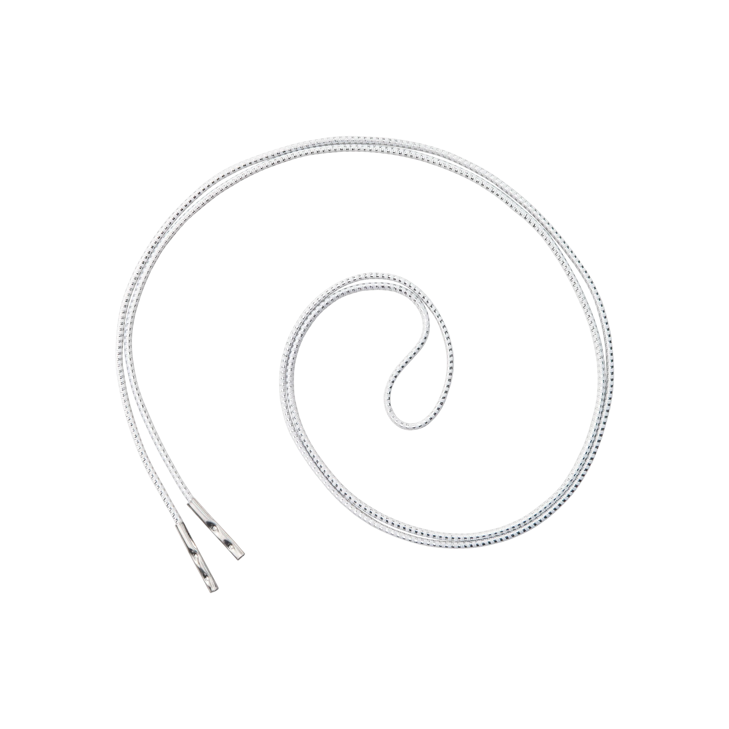 A single Elastic No-Twist Neck Cord for ID Event Badge Holders (2140-15XX Series) is arranged in a loose spiral on a plain white background, its white color and silver hardware reminiscent of an event lanyard.