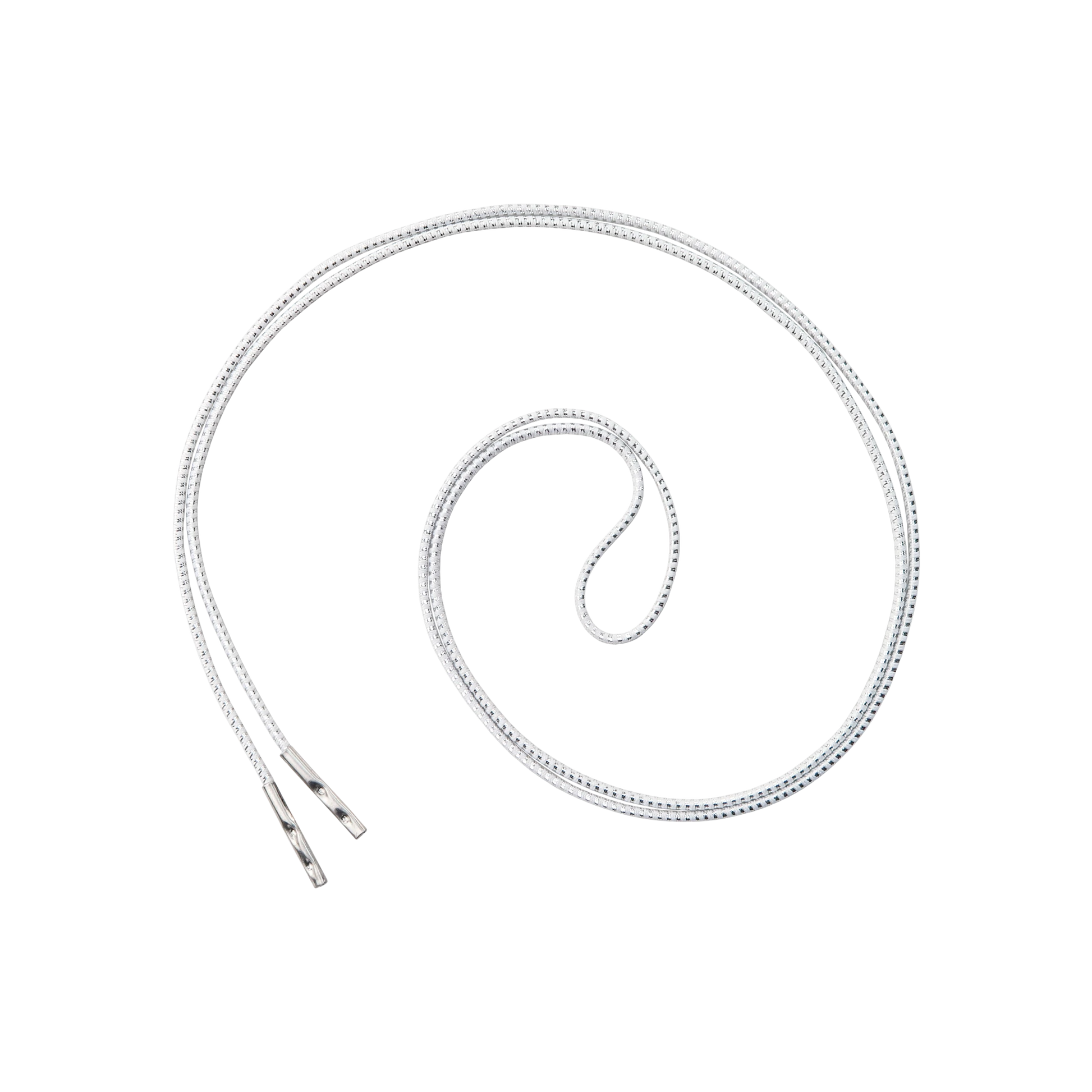 A single Elastic No-Twist Neck Cord for ID Event Badge Holders (2140-15XX Series) is arranged in a loose spiral on a plain white background, its white color and silver hardware reminiscent of an event lanyard.