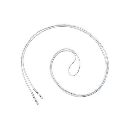 A single Elastic No-Twist Neck Cord for ID Event Badge Holders (2140-15XX Series) is arranged in a loose spiral on a plain white background, its white color and silver hardware reminiscent of an event lanyard.