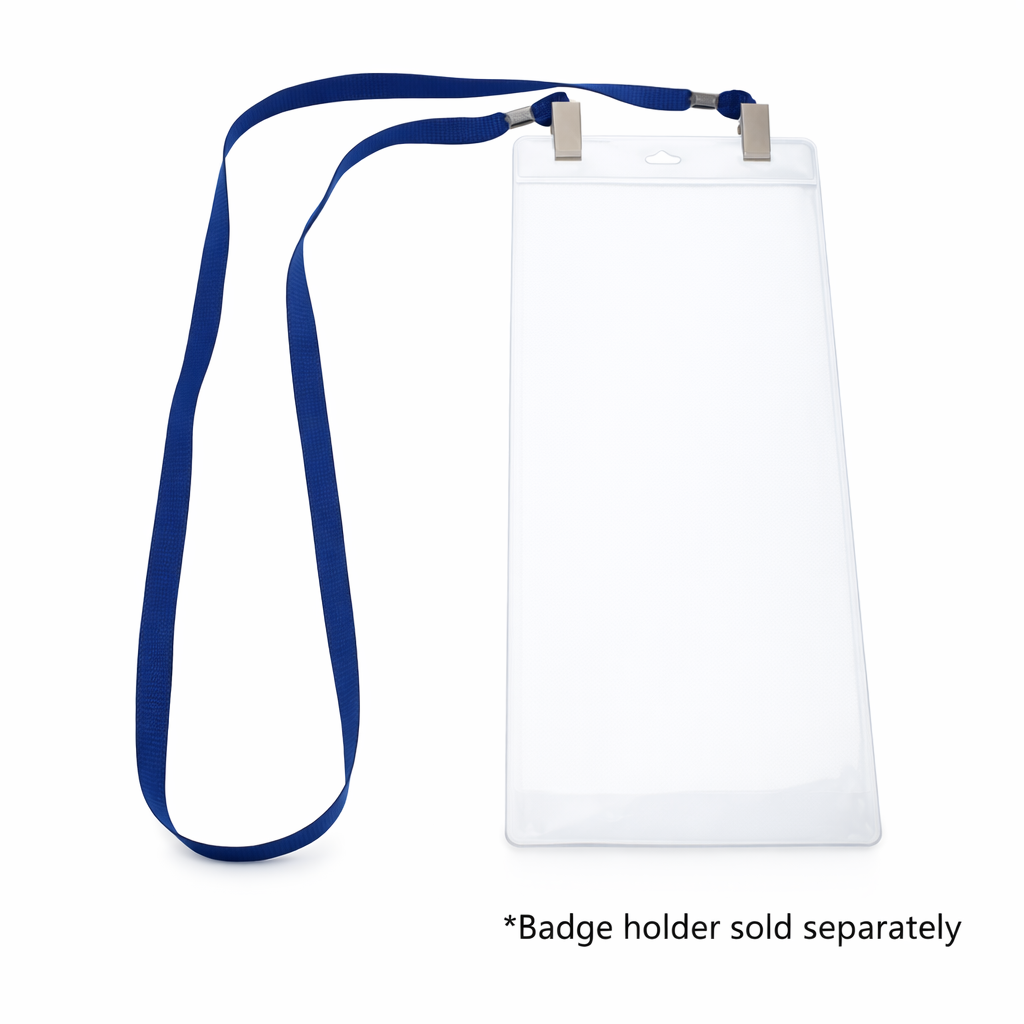 Double Clip Lanyard with 2 Bulldog Clips (2140-530X) shown with large badge holder on white background. Blue, flat, soft neck strap is ideal for credentials. *Badge holder sold separately.