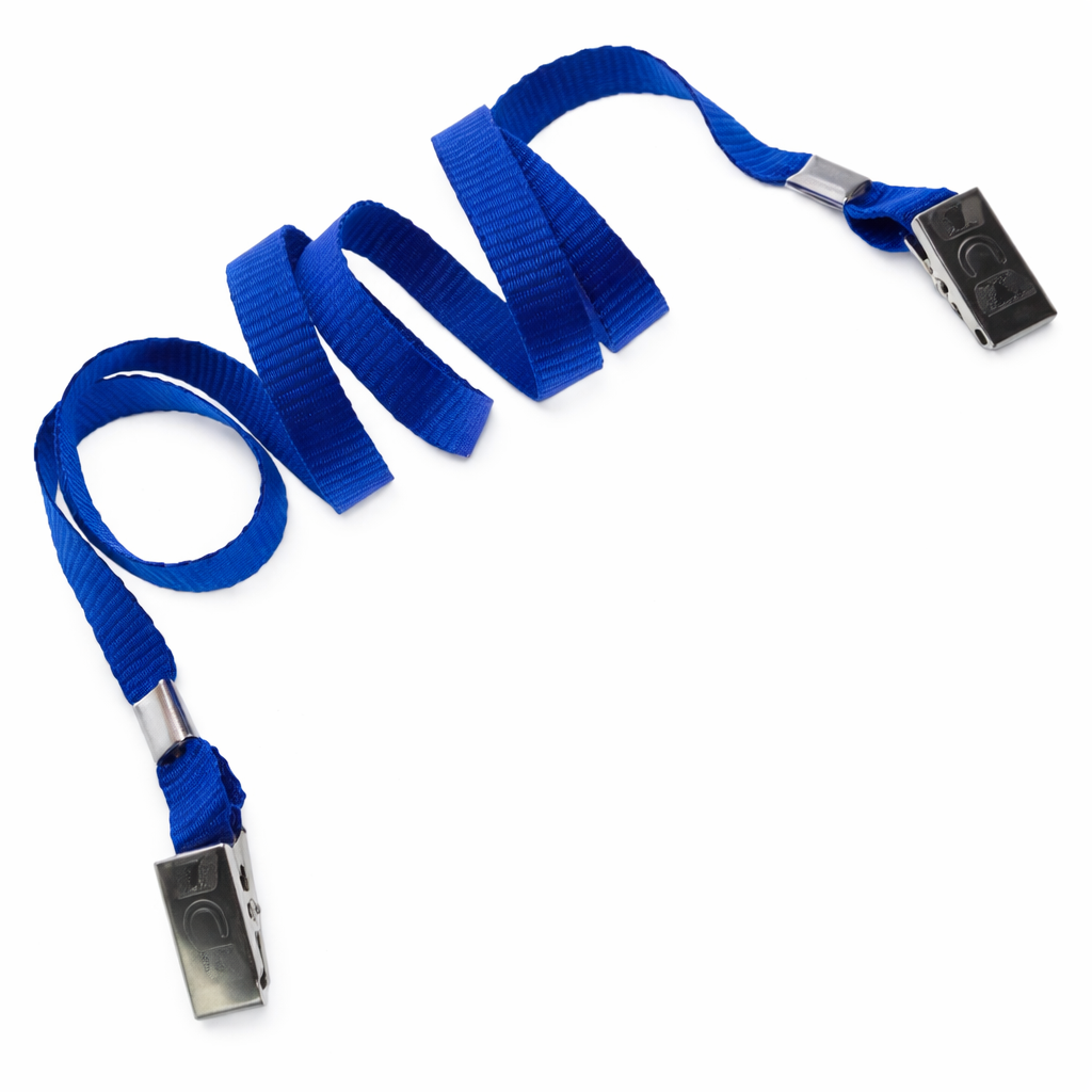 The Double Clip Lanyard with 2 Bulldog Clips (2140-530X) features flat, soft material neck straps, ideal for securely holding large badge holder credentials at events or exhibitions.