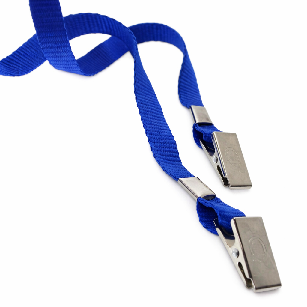 The Double Clip Lanyard with 2 Bulldog Clips (2140-530X) features flat, soft neck straps and dual metal clips—ideal for large badge holder credentials at exhibitions or events, shown here on a white background.