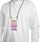 Person wearing a white dress shirt with a lanyard and 'Business Conference 2030' badge. The lanyard includes the Round Special Event Lanyard with Two Clips 2140-580X for versatile wear options.