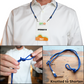 A person is shown with a blue Round Special Event Lanyard with Two Clips 2140-580X and ID badge holder; one image shows the lanyard being knotted by hand, another displays it laid out with knots, both labeled "Knotted to Shorten.