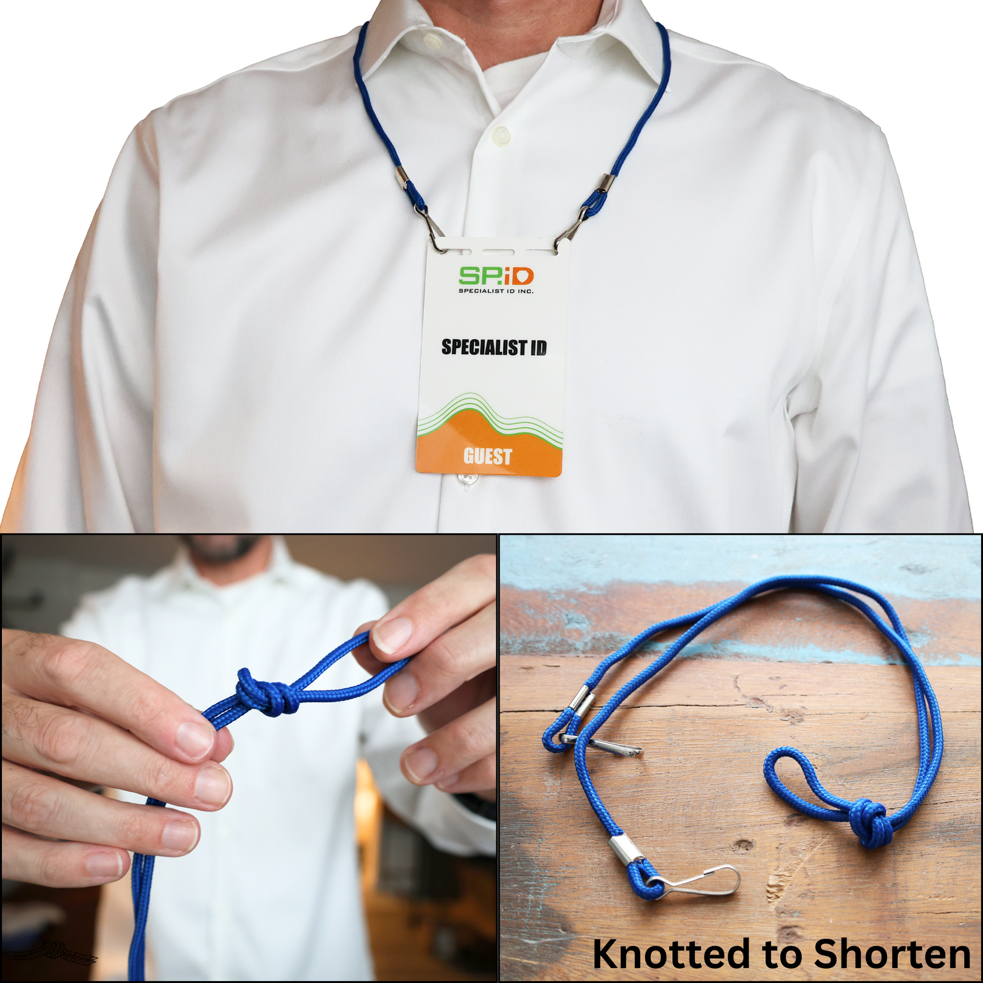 A person is shown with a blue Round Special Event Lanyard with Two Clips 2140-580X and ID badge holder; one image shows the lanyard being knotted by hand, another displays it laid out with knots, both labeled "Knotted to Shorten.