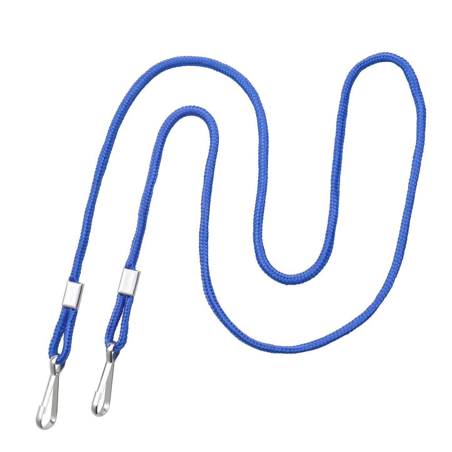 The Round Special Event Lanyard with Two Clips 2140-580X is shown in blue, featuring metal clips at both ends and arranged in an S shape on a white background, similar to a double-clip badge holder for secure attachment.