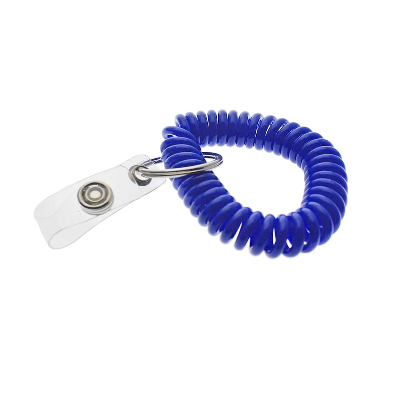 A Wrist Coil Key Chain with ID Strap Clip (2140-620X) with a small metal keyring and a clear plastic badge holder attachment.