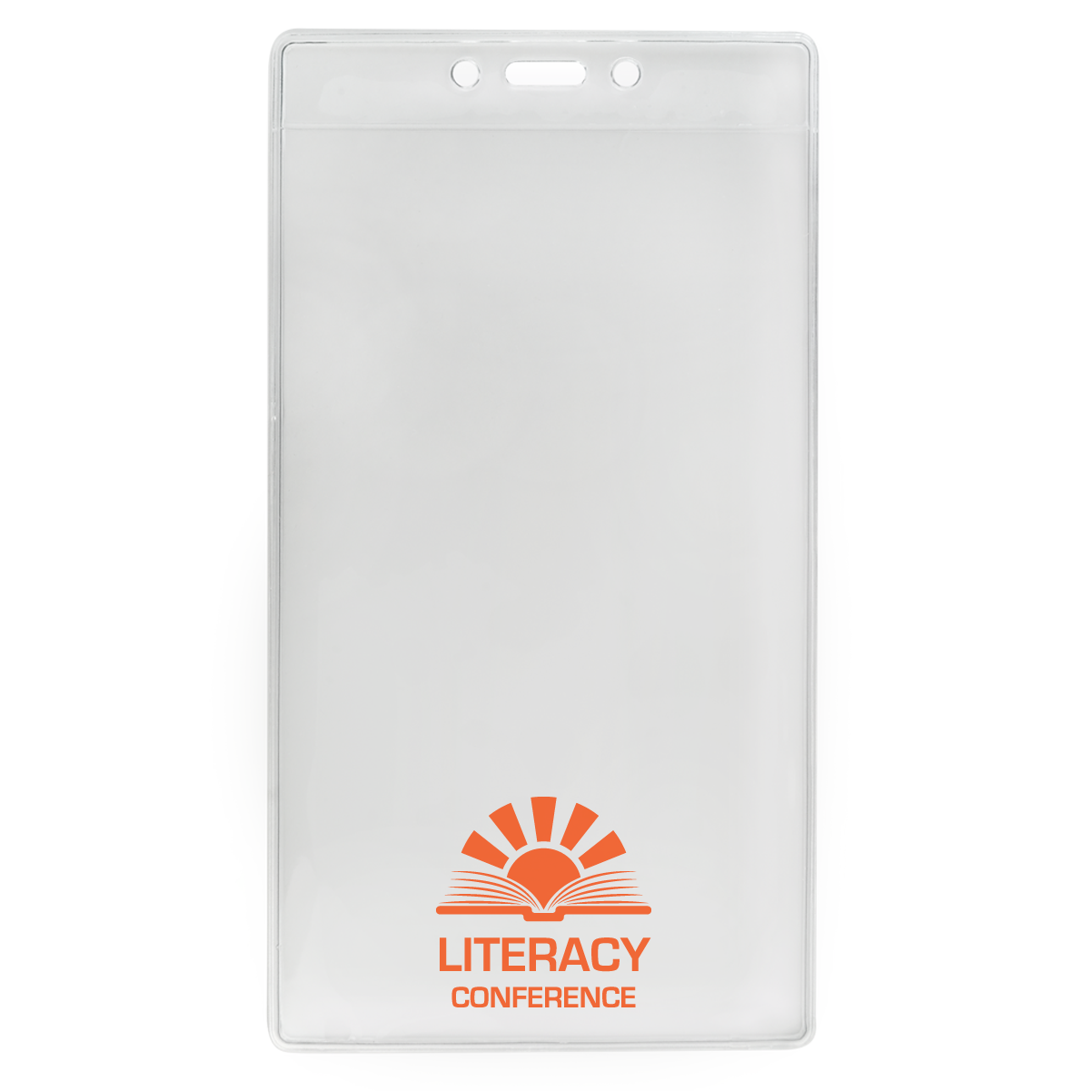 A Customizable 4 X 7 Clear Vertical Large Event Badge Holder (306-4258) with a rectangular shape. It features the text "LITERACY CONFERENCE" in orange, accompanied by a sunrise graphic and an open book illustration. This customizable badge holder is perfect for large events, adding a personalized touch to every attendee's experience.
