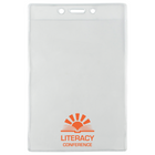 Clear plastic name badge holder with "Literacy Conference" and a sunburst logo printed in orange at the bottom, ideal for Custom 3 1/2" X 5 1/4" Clear Vertical Large Event Badge Holder (306-46).