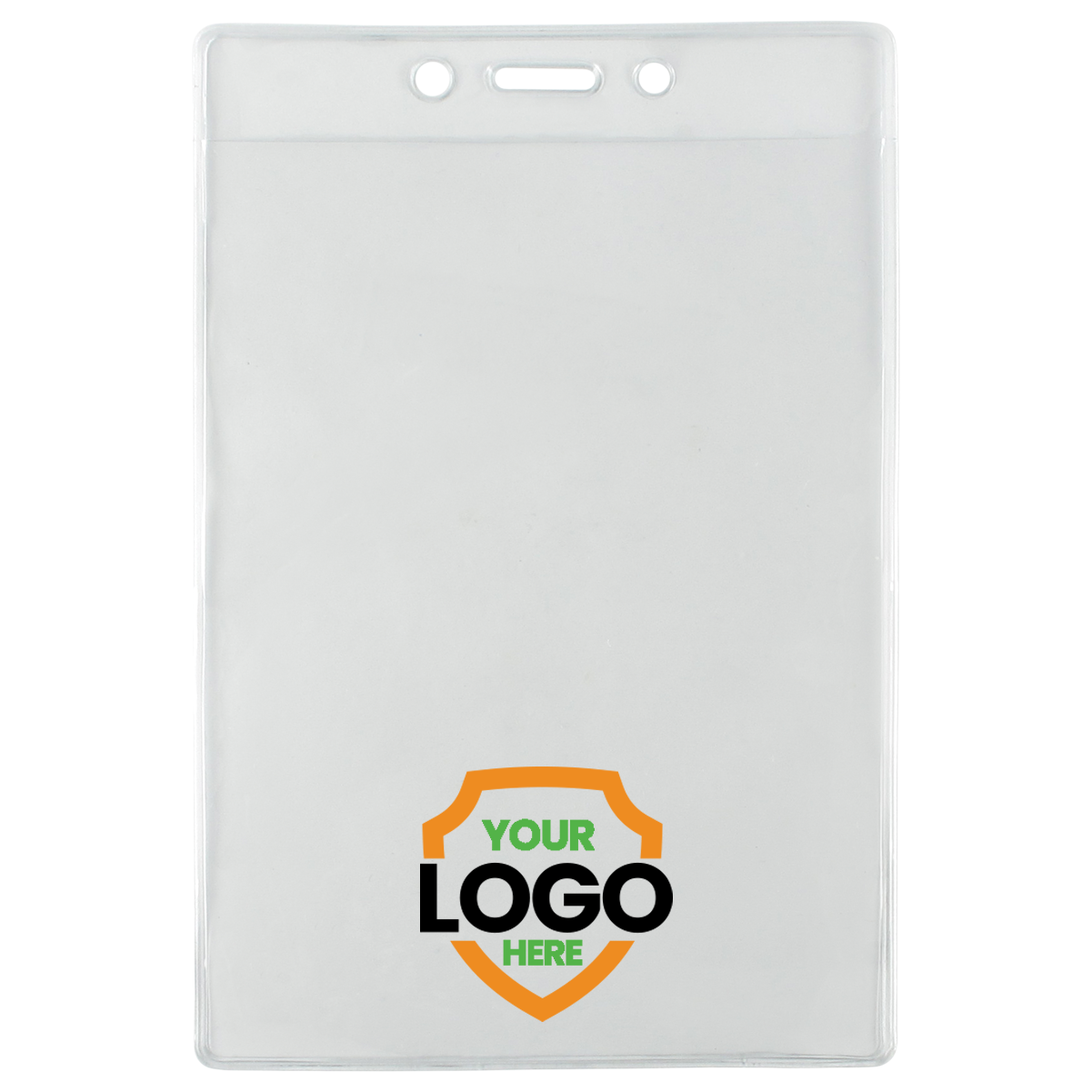 Custom 3 1/2" X 5 1/4" Clear Vertical Large Event Badge Holder (306-46) with two punched holes at the top and the text "YOUR LOGO HERE" in black and green over an orange shield, perfect for large event badge holders.