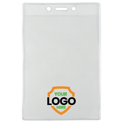 Custom 3 1/2" X 5 1/4" Clear Vertical Large Event Badge Holder (306-46) with two punched holes at the top and the text "YOUR LOGO HERE" in black and green over an orange shield, perfect for large event badge holders.