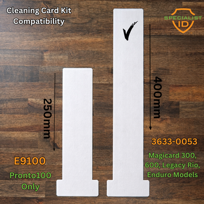 The MAGICARD 3633-0053 Printer Cleaning Kit includes two white cleaning cards: a 250mm card for Pronto100 and a 400mm card for Magicard 300 Cleaning Kit, 600, Legacy Rio, and Enduro printers.