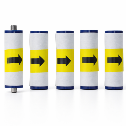 Five cylindrical objects (3633-0054 cleaning rollers for Magicard) with yellow stripes and black arrows on a white background