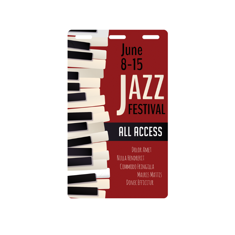 Custom Printed Event Badges with Three Slot Holes—design your own all-access jazz festival pass with piano keys, event dates (June 8–15), and performer lineup. Perfect for jazz lovers seeking exclusive festival access!.