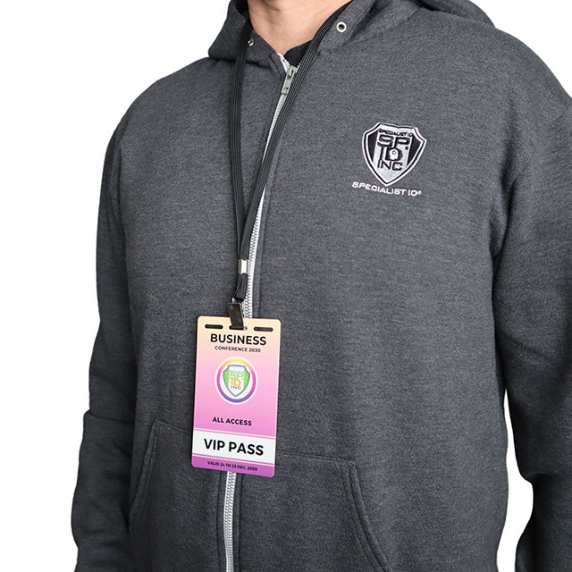 Person wearing a gray hoodie with a logo and a VIP pass lanyard on a white background. Sold by Specialist ID.
