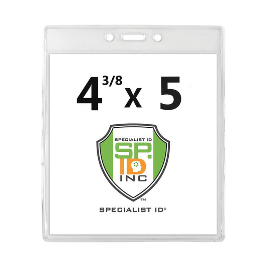 Clear vinyl protector labeled "4 3/8 x 5" Clear Vertical Large Event Badge Holder (P/N 306-4755) with the Specialist ID Inc. logo in the center.