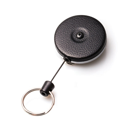 A Key-Bak #485B-HDK Self Retracting Key Reel with a Kevlar cord, metal keyring, and retraction button.