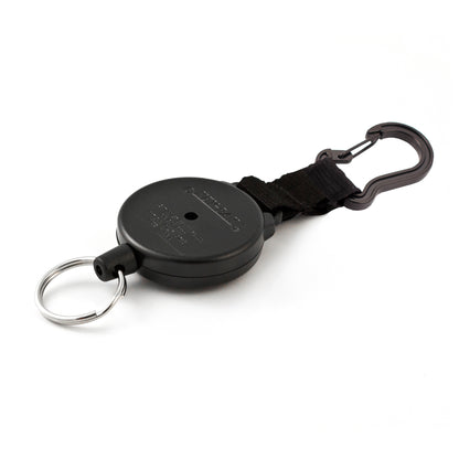 A black retractable key holder with a circular body, a snap hook, and a key ring, this Key-Bak SecureIt Super Duty Gear Reel #488B-SDK ensures your keys are always secure and easily accessible.