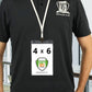 Person wearing a black polo shirt with "Specialist ID Inc" text and logo, displaying an oversized badge with a "4 x 6" label inside a Vertical Oversized 4X6 Vinyl ID Badge Holder (XL46V), also featuring the same logo.