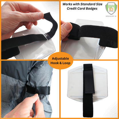 The images show a Vertical Armband ID Badge Holder (SPID-1710) with an adjustable hook and loop strap in use on a jacket. The text highlights compatibility with standard credit card badges, crafted from durable vinyl, and perfect for smaller size arms.