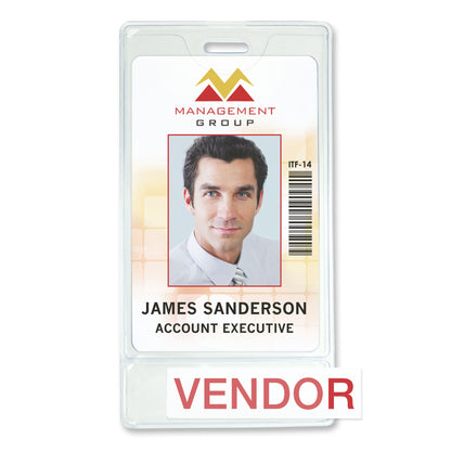 ID badge for Management Group with a photo of a man, labeled "James Sanderson, Account Executive." The badge is securely placed in a Premium Vinyl Vertical Display Holder with Slot and has a barcode along with a "VENDOR" label at the bottom.