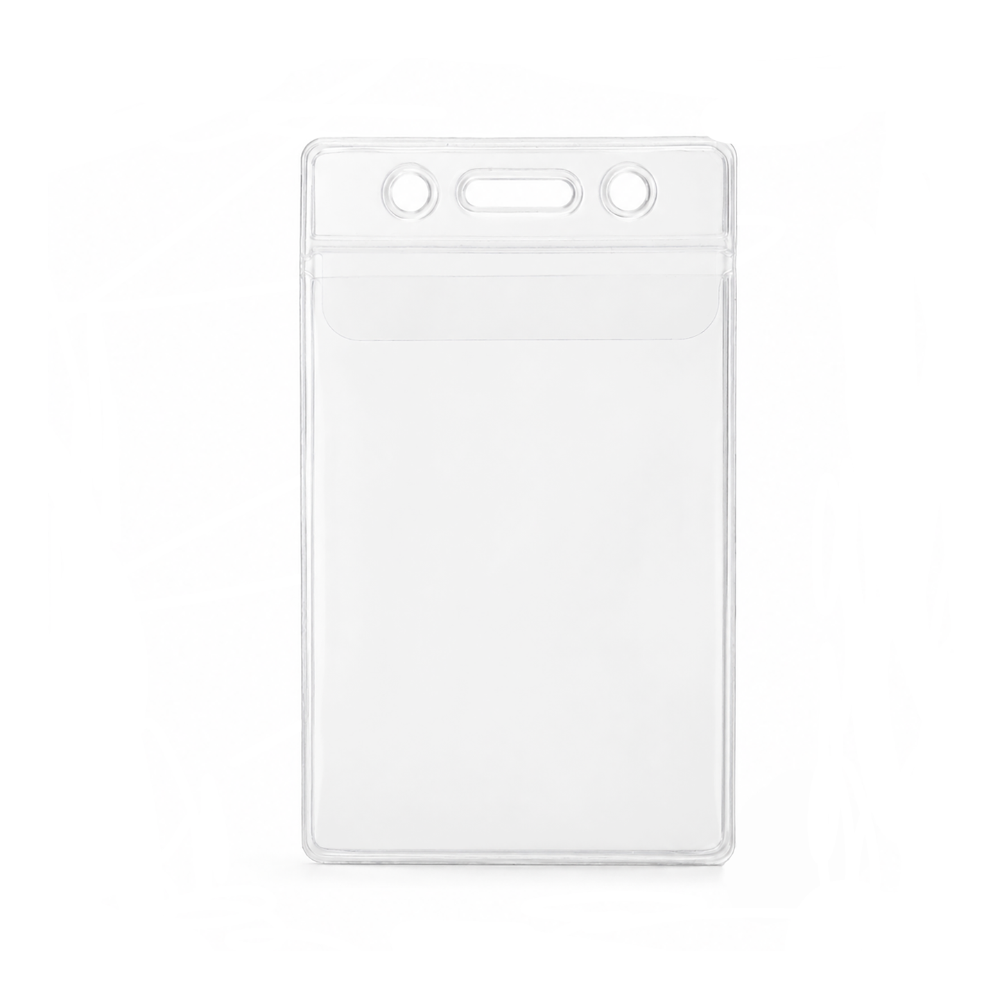 The Vinyl Vertical Badge Holder with Flap (506-24FS) features a transparent front, vertical orientation, and two circular holes at the top for easy lanyard attachment.
