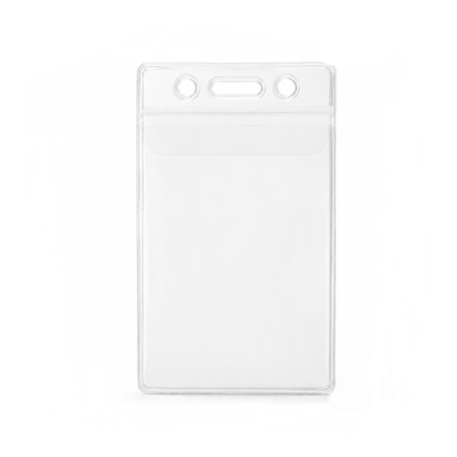The Vinyl Vertical Badge Holder with Flap (506-24FS) features a transparent front, vertical orientation, and two circular holes at the top for easy lanyard attachment.
