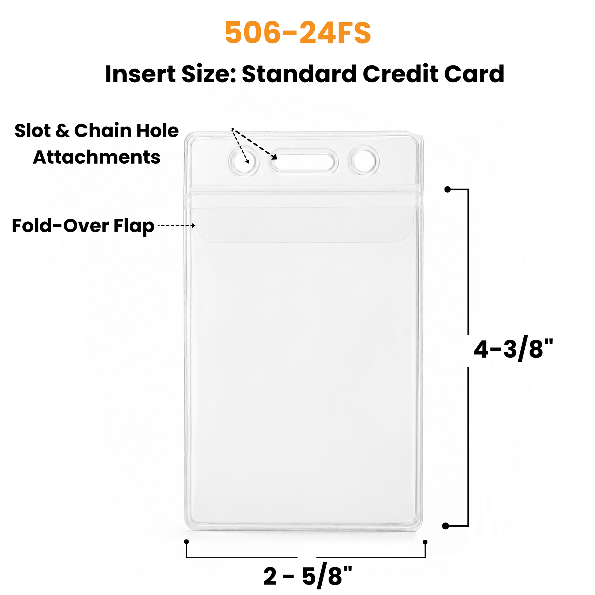 A clear plastic card holder sleeve with a fold-over flap and top slot/chain hole attachments, shown on a white background with text indicating standard credit card insert size and dimensions.