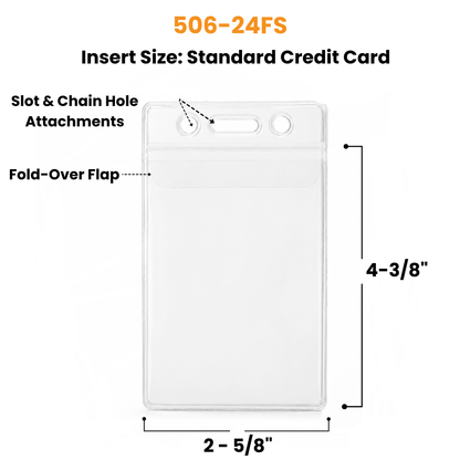 A clear plastic card holder sleeve with a fold-over flap and top slot/chain hole attachments, shown on a white background with text indicating standard credit card insert size and dimensions.
