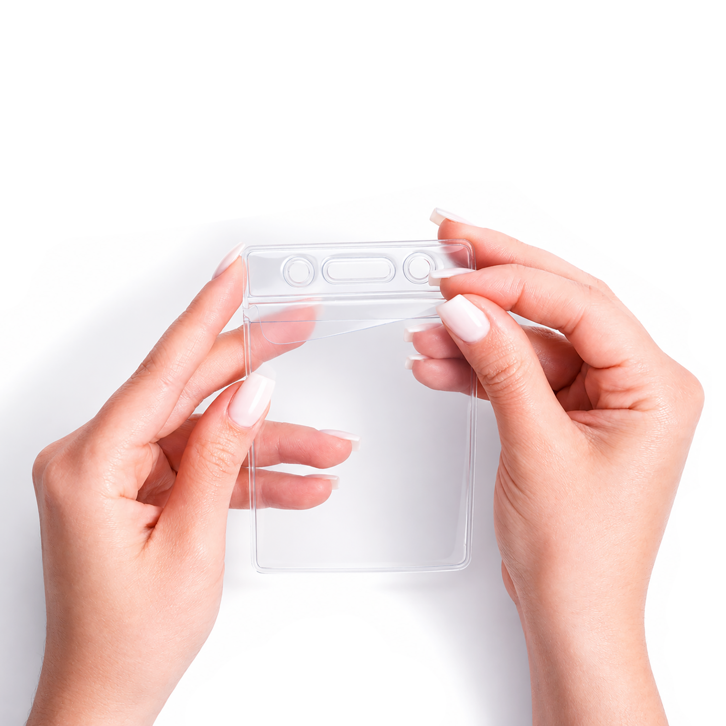 Two hands holding a Vinyl Vertical Badge Holder with Flap (506-24FS) against a white background.