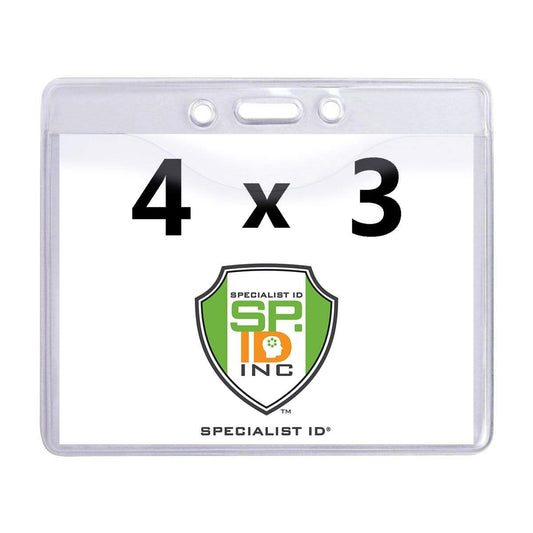 Clear plastic badge holder labeled "4 x 3" with the Specialist ID Inc. logo in the center, perfectly designed as a 4 X 3 Name Badge Holders - Premium Horizontal Clear Vinyl Convention Size 4x3 Badge Holder (506-J).