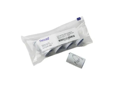 Clear plastic bag containing a package labeled "569946-002 Entrust (Datacard) Adhesive Cleaning Sleeves (5-Pack)," with four Entrust Datacard cleaning sleeves inside and a small rolled instruction sheet beside it, essential for maintaining your ID card printer's print quality.