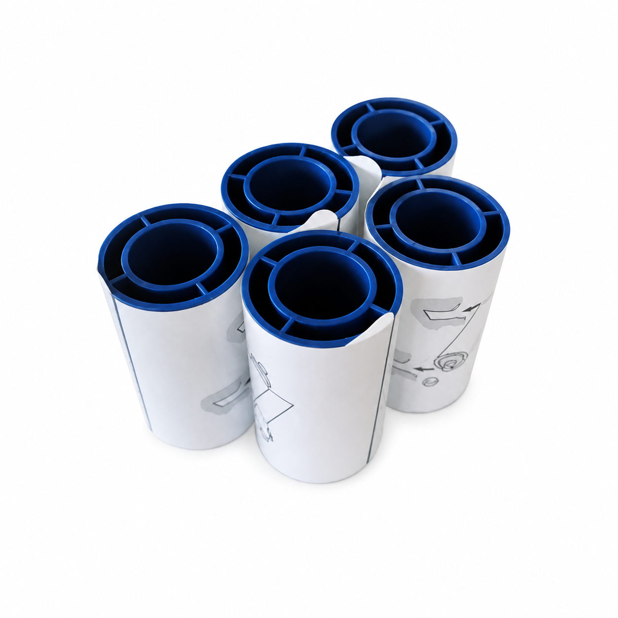 Five upright rolls of blue and white printed assembly diagrams on a white background—perfect for demonstrating how to properly use the 569946-002 Entrust (Datacard) Adhesive Cleaning Sleeves (5-Pack) to protect your ID card printer’s printhead.
