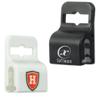 Two Custom Printed Gripper 30 Card Clamp (5710-305X) - Brand it! are shown: one is white with a red "H" shield logo, and the other is black with a white "Software" logo. Both have openings for securing cables, making them ideal company logo accessories for brand awareness promotion.