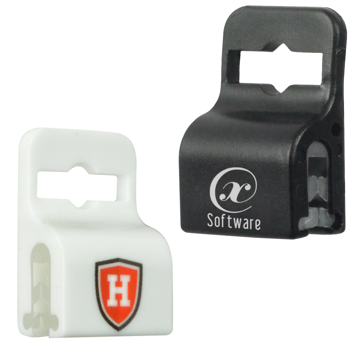 Two Custom Printed Gripper 30 Card Clamp (5710-305X) - Brand it! are shown: one is white with a red "H" shield logo, and the other is black with a white "Software" logo. Both have openings for securing cables, making them ideal company logo accessories for brand awareness promotion.