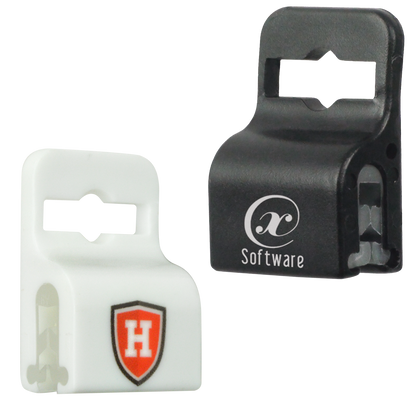 Two Custom Printed Gripper 30 Card Clamp (5710-305X) - Brand it! are shown: one is white with a red "H" shield logo, and the other is black with a white "Software" logo. Both have openings for securing cables, making them ideal company logo accessories for brand awareness promotion.