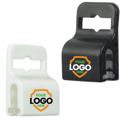 Two Custom Printed Gripper 30 Card Clamp (5710-305X) - Brand it! are shown. The left one is white, and the right one is black, both featuring a customizable logo area in the center—perfect for brand awareness promotion.