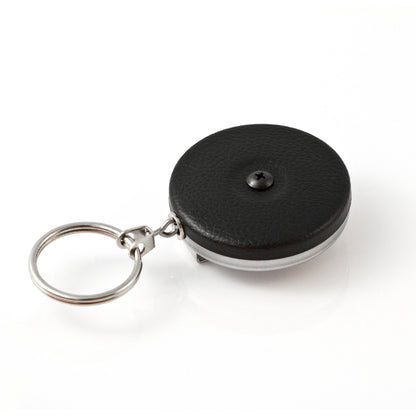 A black retractable measuring tape with a metal keyring attached, featuring a Key-Bak #5B Self Retracting Heavy Duty Key/Badge Reel for added durability.