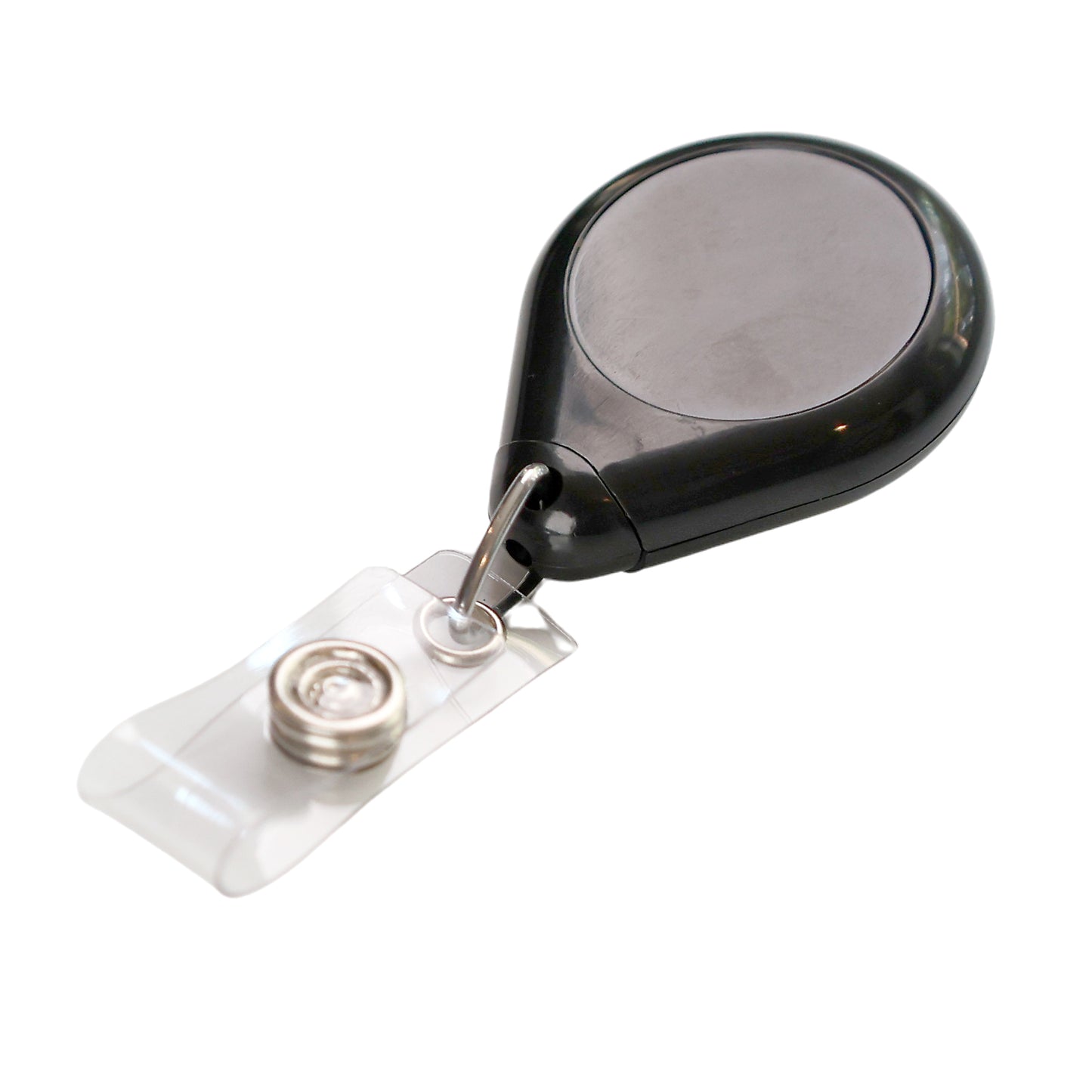 The Premium No Twist Badge Reel with Swivel Spring Clip - Teardrop Shape (609-I-BLK) is a black reel with a retractable cord, swivel clip, and clear plastic strap to securely hold your ID badge.