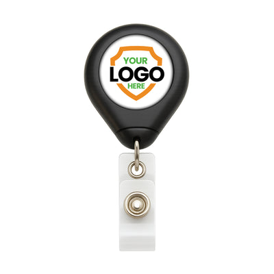 Custom No Twist 1 Inch Imprint Area Badge Reel with Swivel Spring Clip - Teardrop Shape (609-I-BLK-Custom)
