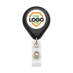 Black badge holder with customizable logo area on a white background