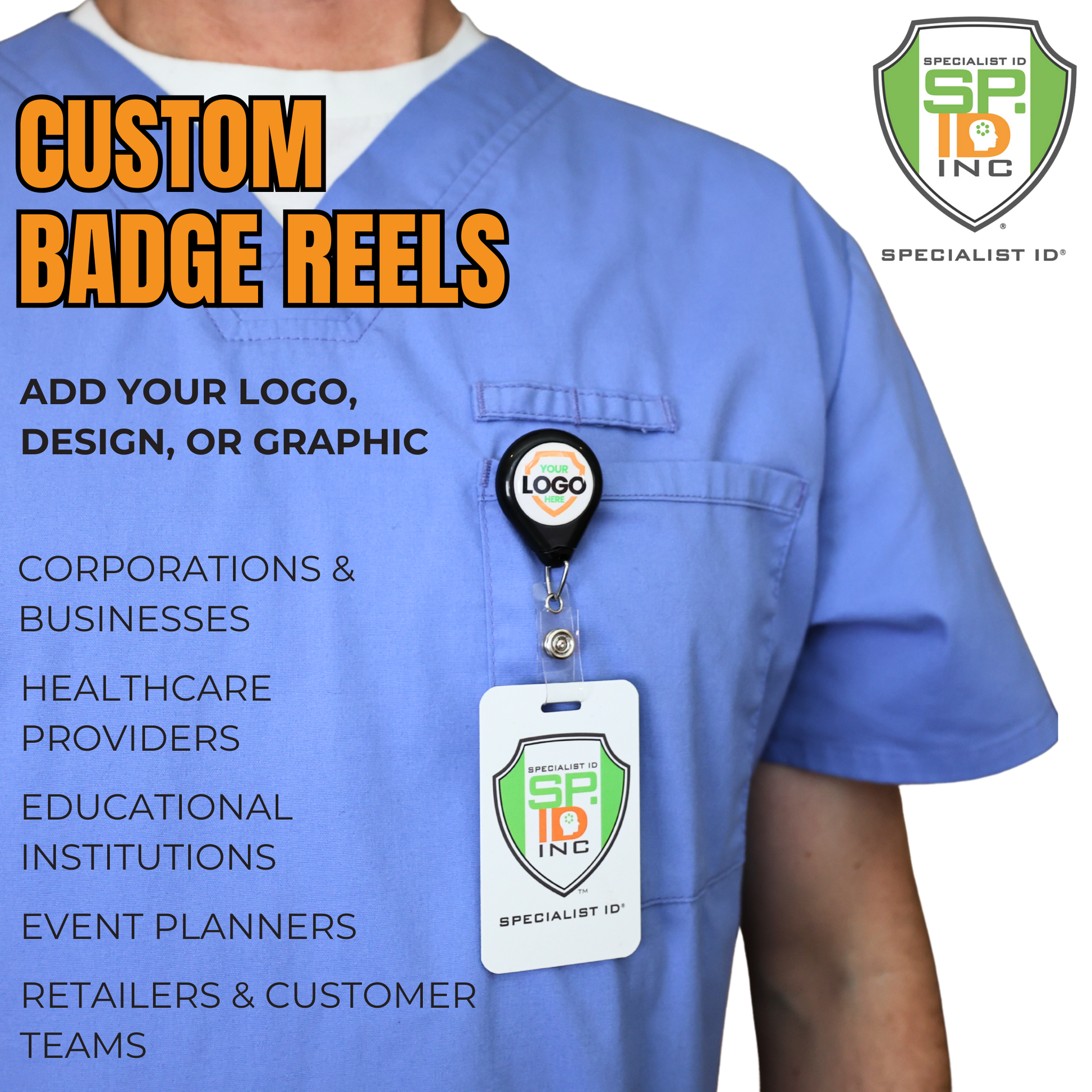 Person  wearing a blue scrub top with a Specialist ID CUSTOM badge holder and id tag. Ideas for custom badge reels from corporations, healthcare, education, event planners, retail and businesses