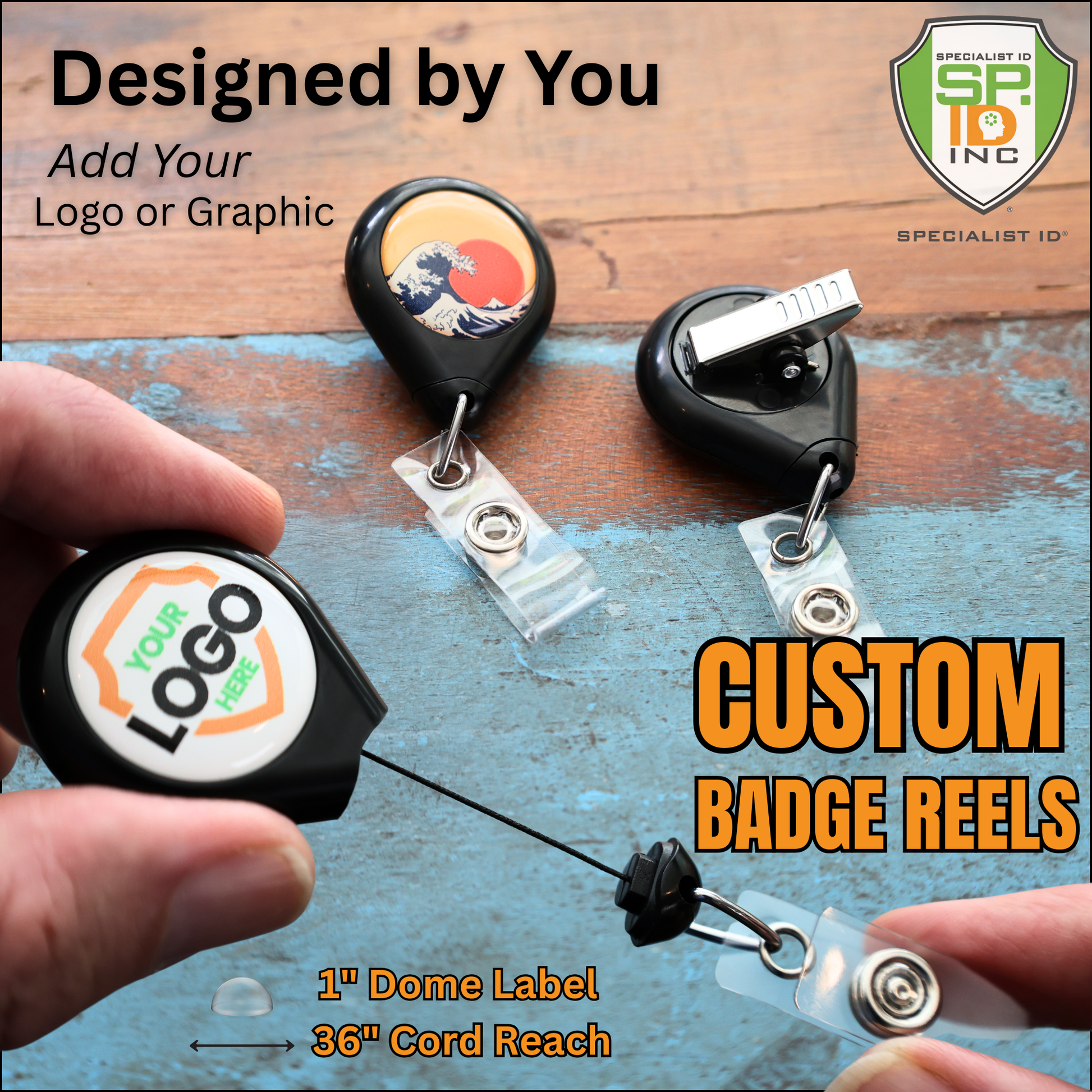 Specialist ID branding custom badge reels with an artsy graphic design and the back side spring clip. A hand holding one shows the cord being extended on a wooden surface with "Your Logo Here" in the center 1 inch circle.  