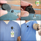 The Premium No Twist Badge Reel with Swivel Spring Clip - Teardrop Shape (609-I-BLK) is clipped to a shirt, securely holding an ID card. Close-ups highlight the swivel spring clip and retractable cord for smooth, sturdy use.